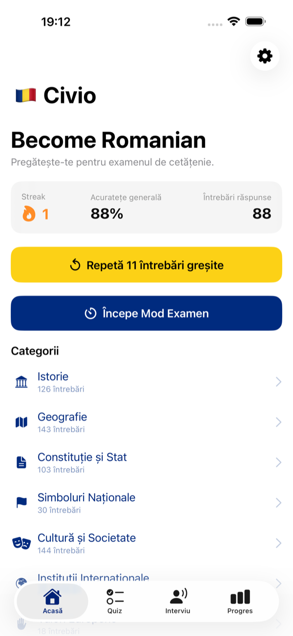 Ecranul principal al aplicației Civio, cu streak, acuratețe generală și acces rapid la Mod Examen