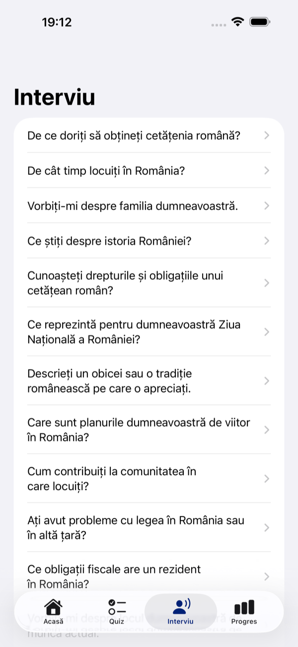 Lista de întrebări pentru pregătirea interviului de cetățenie