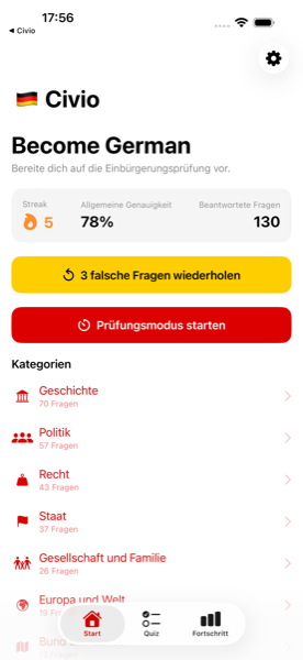 Startbildschirm von Civio mit Lernserie, Gesamtgenauigkeit und schnellem Zugriff auf den Prüfungsmodus