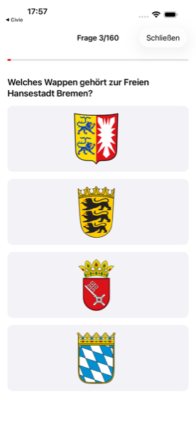 Eine Quiz-Frage mit Bildoptionen in Civio, zum Beispiel ein Landeswappen