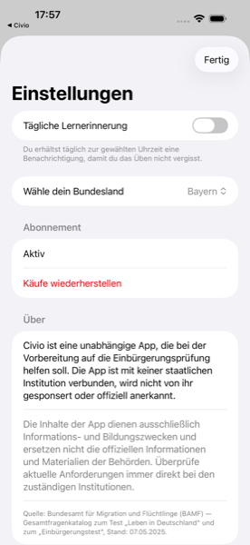 Die Einstellungen in Civio, inklusive Auswahl des Bundeslands